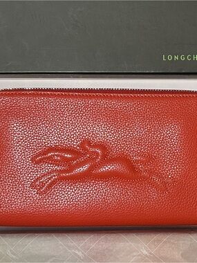 Longchamp Red Pebbled Leather Zip-Around Wallet with Racing Horse Motif